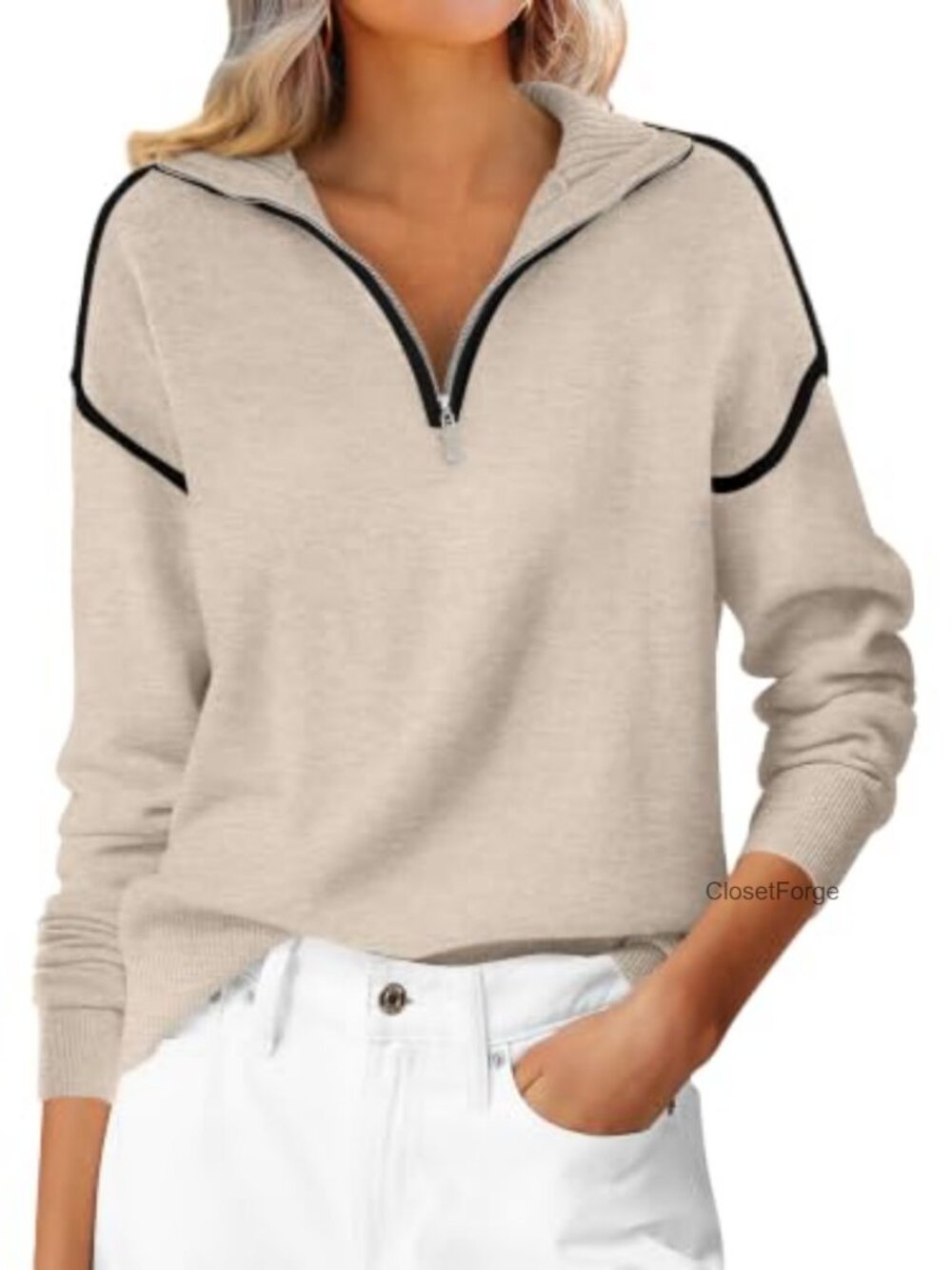 Women's Quarter Zip Collared Pullover Sweater Loose Fit Long Sleeve Knit
